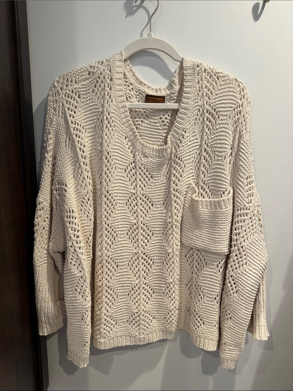 POL Open-Knit Crewneck Sweater in Cream with Pocket